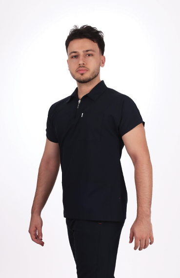 Likralı Zipper Seri Erkek Siyah Scrubs