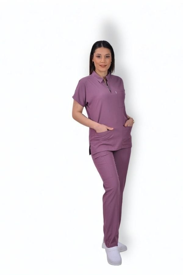 Premium Likralı Zipper Seri Kadın Açık Mürdüm Scrubs