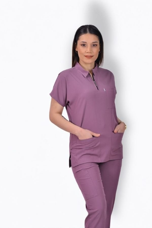 Premium Likralı Zipper Seri Kadın Açık Mürdüm Scrubs