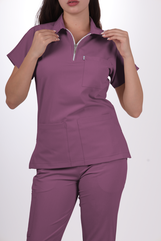 Premium Likralı Zipper Seri Kadın Açık Mürdüm Scrubs