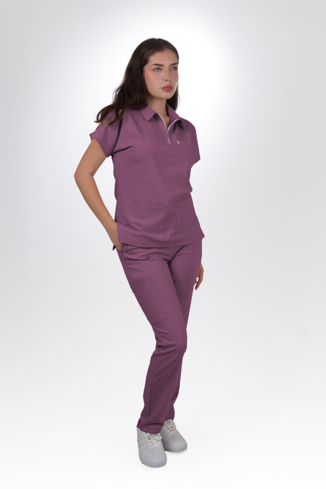 Premium Likralı Zipper Seri Kadın Açık Mürdüm Scrubs