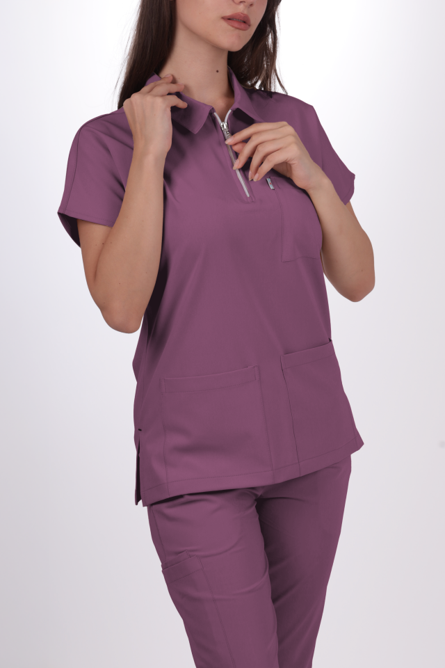 Premium Likralı Zipper Seri Kadın Açık Mürdüm Scrubs