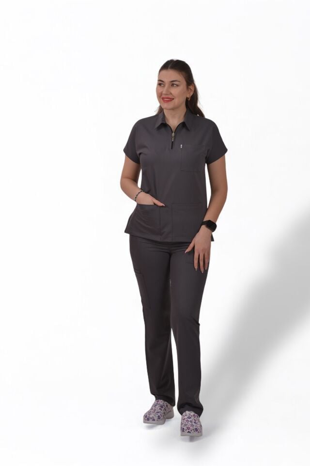 Likralı Zipper Seri Kadın Antrasit Gri Scrubs
