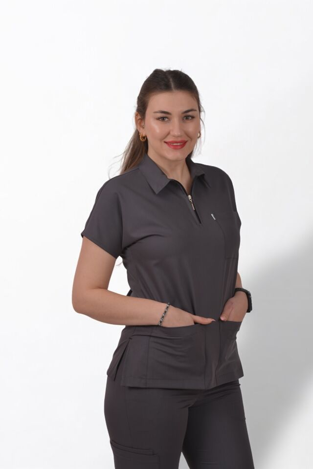 Likralı Zipper Seri Kadın Antrasit Gri Scrubs