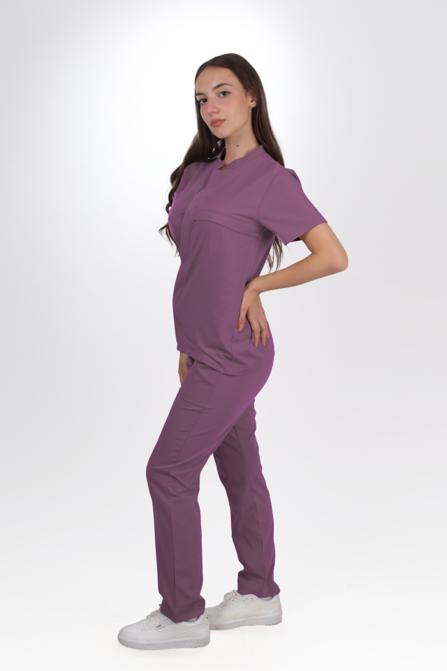 Premium Likralı SnapPrime Seri Kadın Platin Mor Scrubs