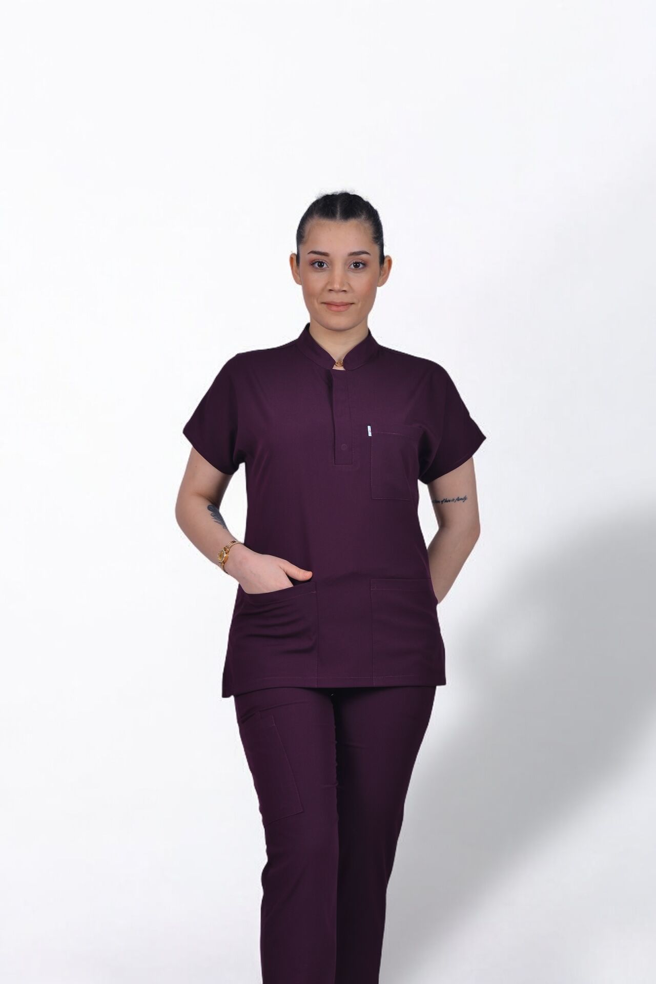 Premium Likralı Snap Seri Kadın Mürdüm Scrubs