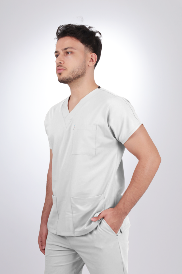 Premium Likralı Klasik Seri Erkek Beyaz Scrubs