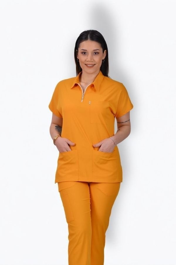 Likralı Zipper Seri Kadın Hardal Sarısı Scrubs