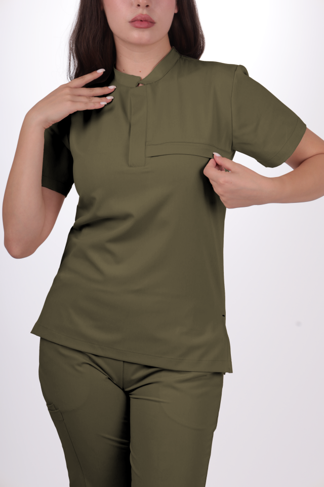 Premium Likralı Lotus Seri Kadın Haki Scrubs