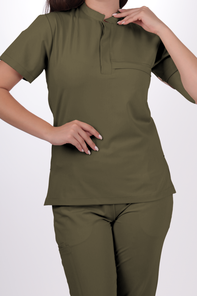 Premium Likralı Lotus Seri Kadın Haki Scrubs