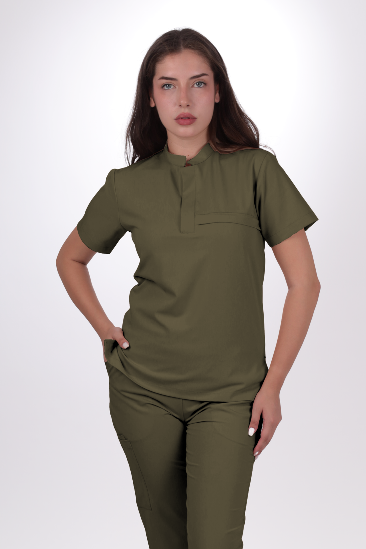 Premium Likralı Lotus Seri Kadın Haki Scrubs