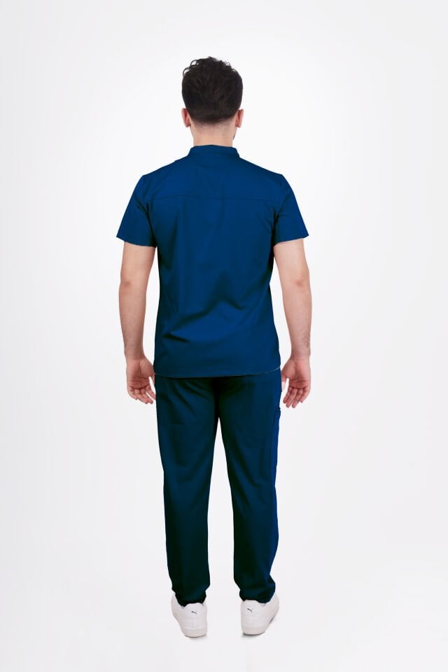 Premium Likralı Boydan Çıtçıt Seri Erkek Havacı Mavi Scrubs