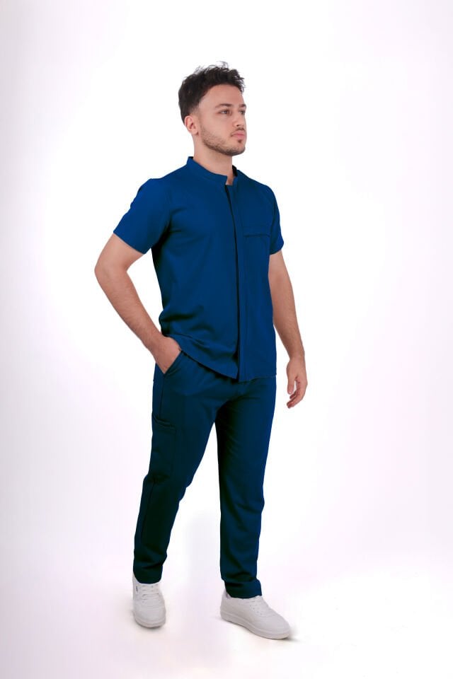 Premium Likralı Boydan Çıtçıt Seri Erkek Havacı Mavi Scrubs