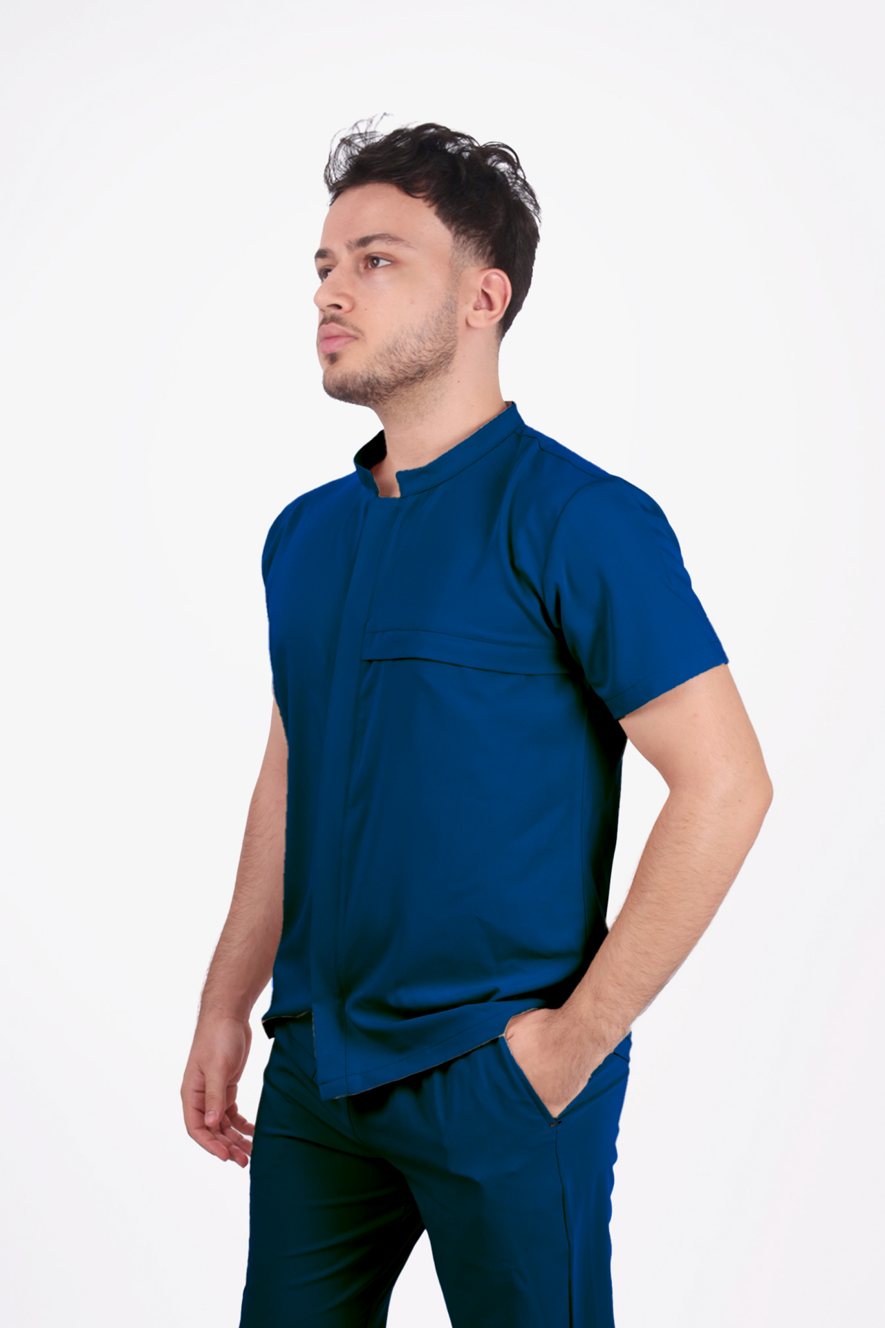 Premium Likralı Boydan Çıtçıt Seri Erkek Havacı Mavi Scrubs