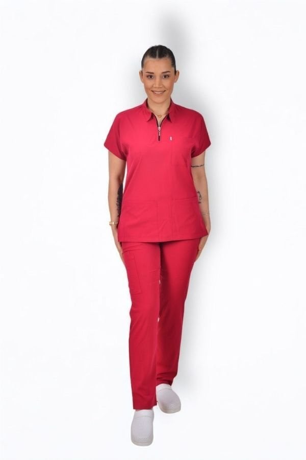 Likralı Zipper Seri Kadın Fuşya Scrubs