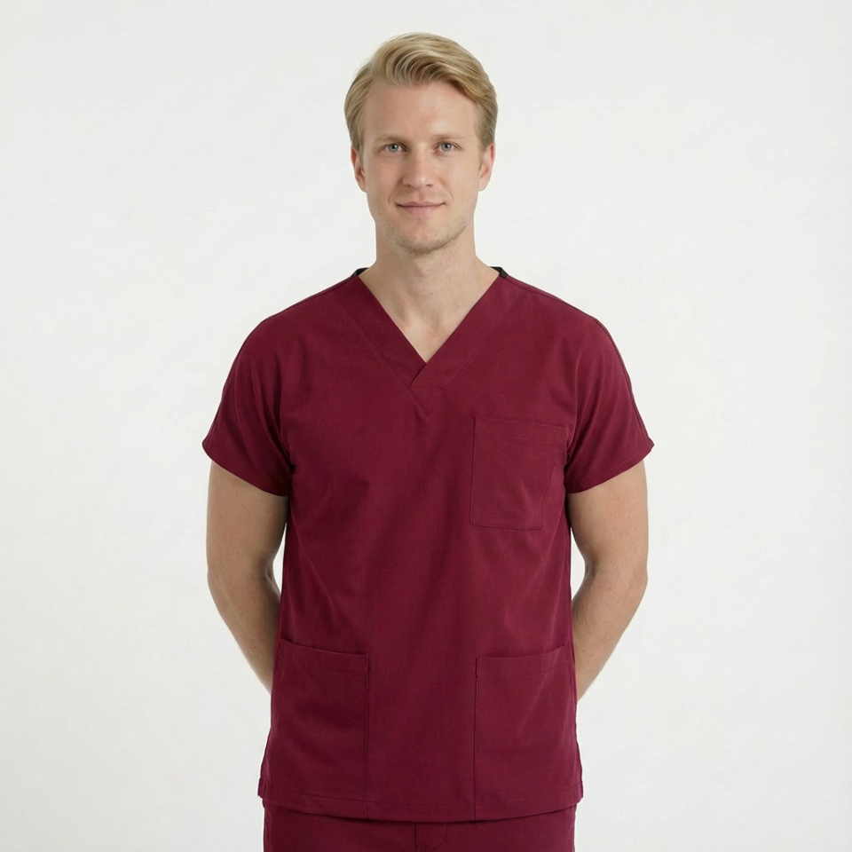Likralı Klasik Seri Erkek Bordo Scrubs