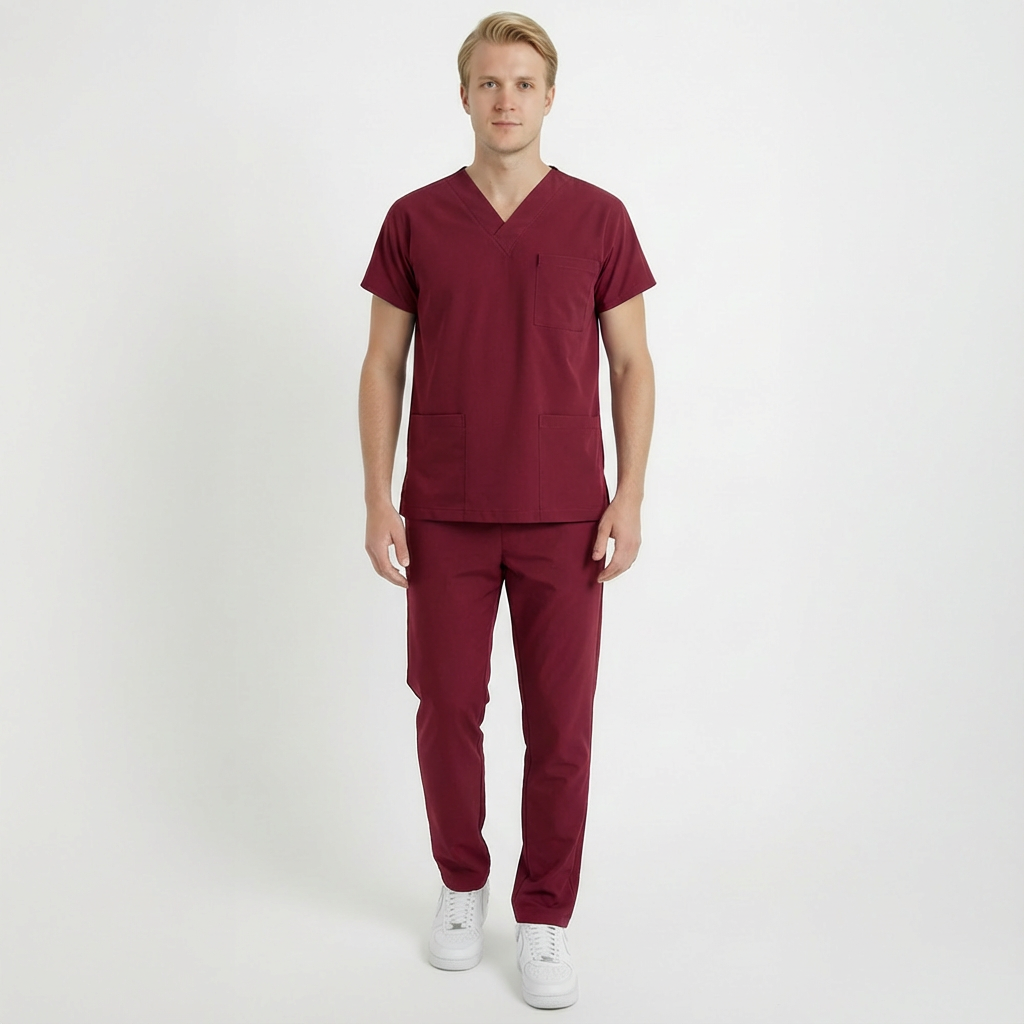 Likralı Klasik Seri Erkek Bordo Scrubs