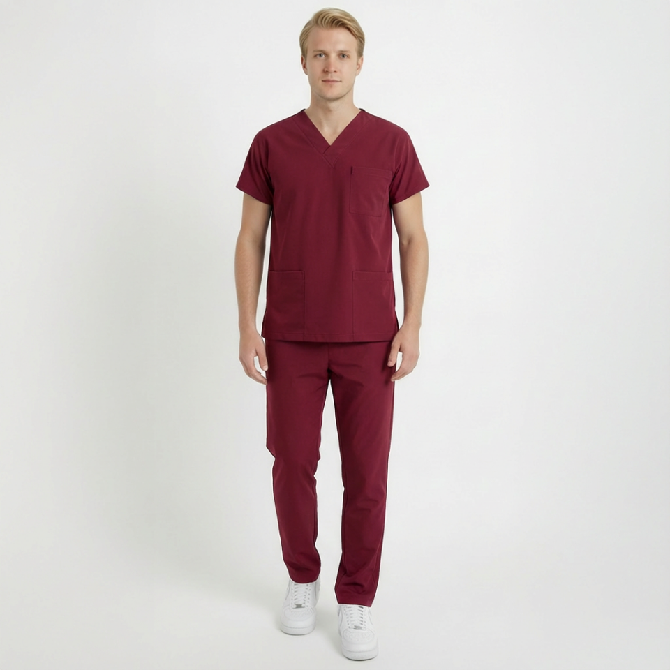 Likralı Klasik Seri Erkek Bordo Scrubs