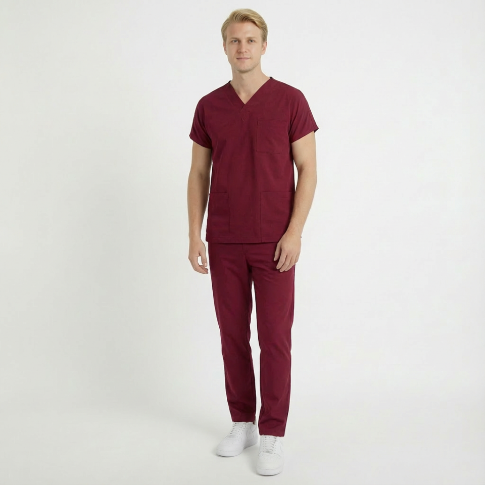 Likralı Klasik Seri Erkek Bordo Scrubs