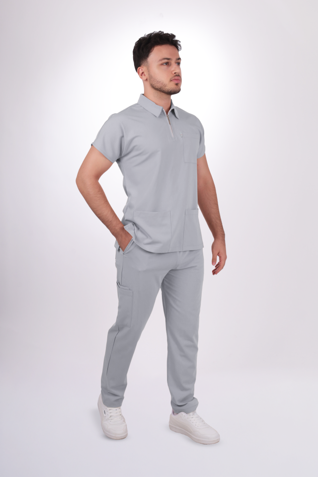 Premium Likralı Zipper Seri Erkek Açık Gri Scrubs