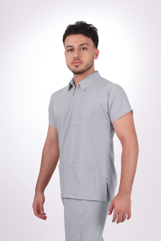 Premium Likralı Zipper Seri Erkek Açık Gri Scrubs