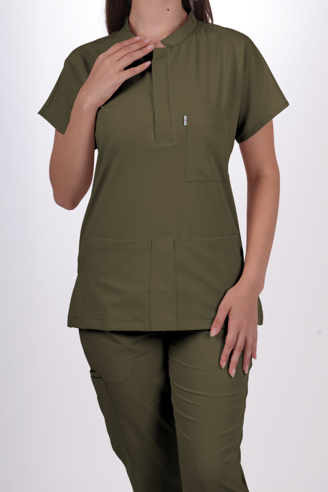 Premium Likralı Snap Seri Kadın Haki Scrubs