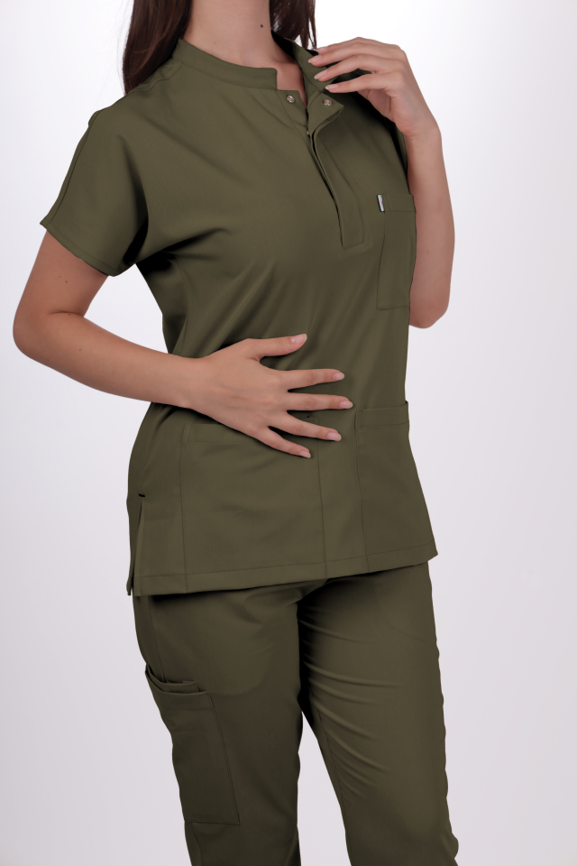Premium Likralı Snap Seri Kadın Haki Scrubs