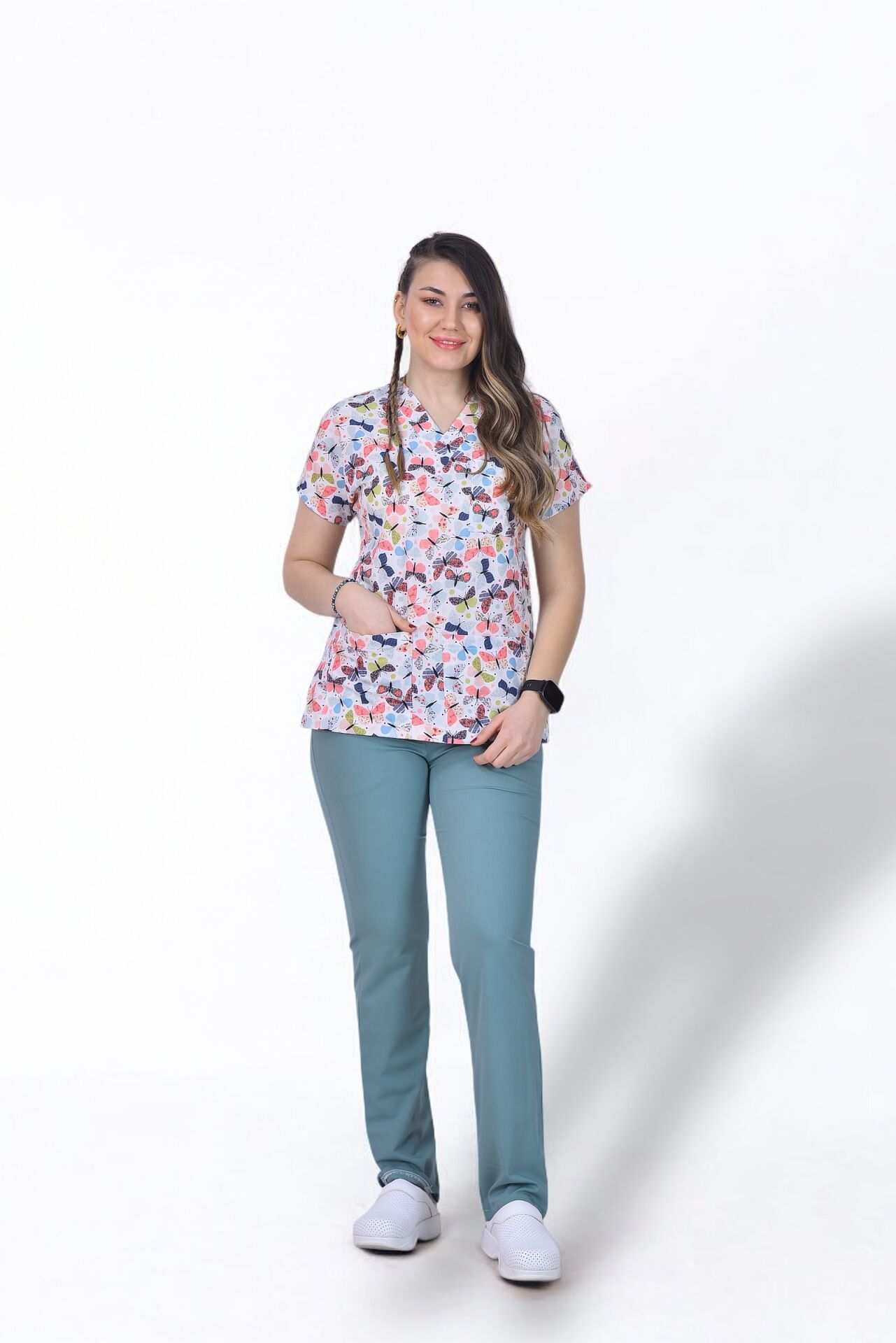 Desenli Seri Üst Beyaz Kelebek Desen/Alt Küf Yeşili Likralı