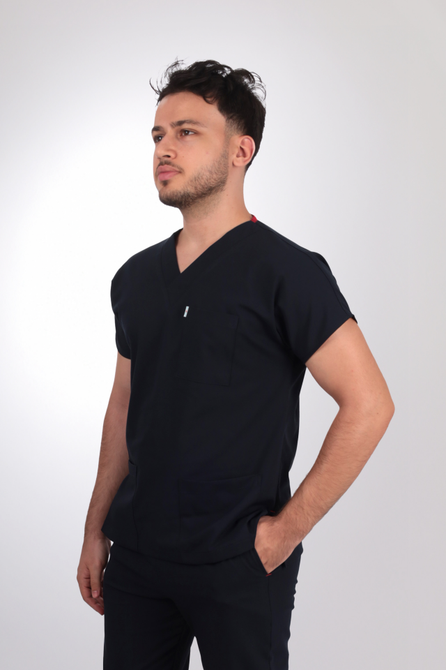 Likralı Klasik Seri Erkek Siyah Scrubs