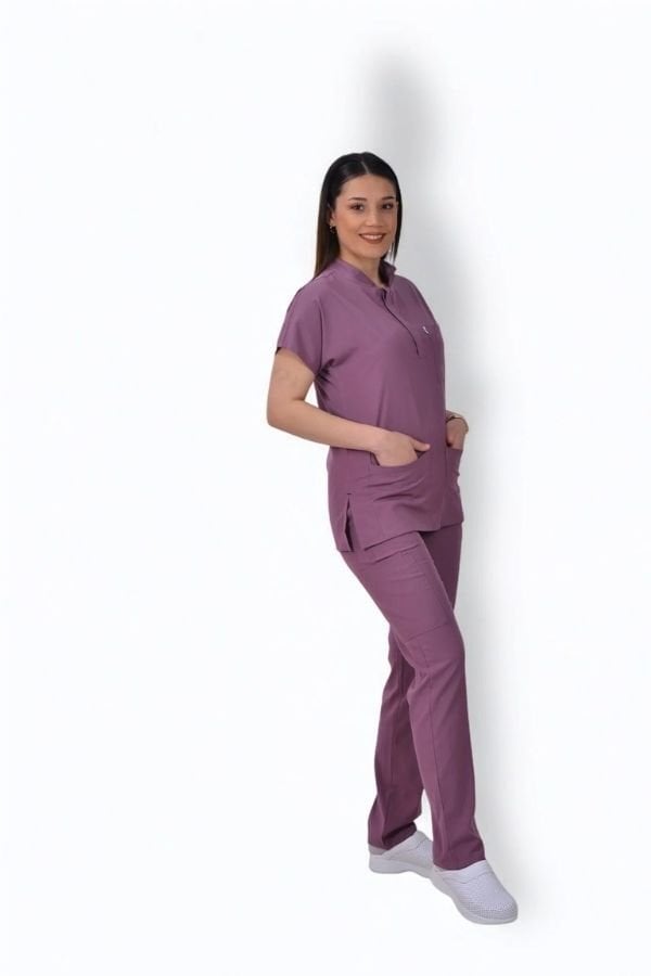 Premium Likralı Snap Seri Kadın Açık Mürdüm Scrubs