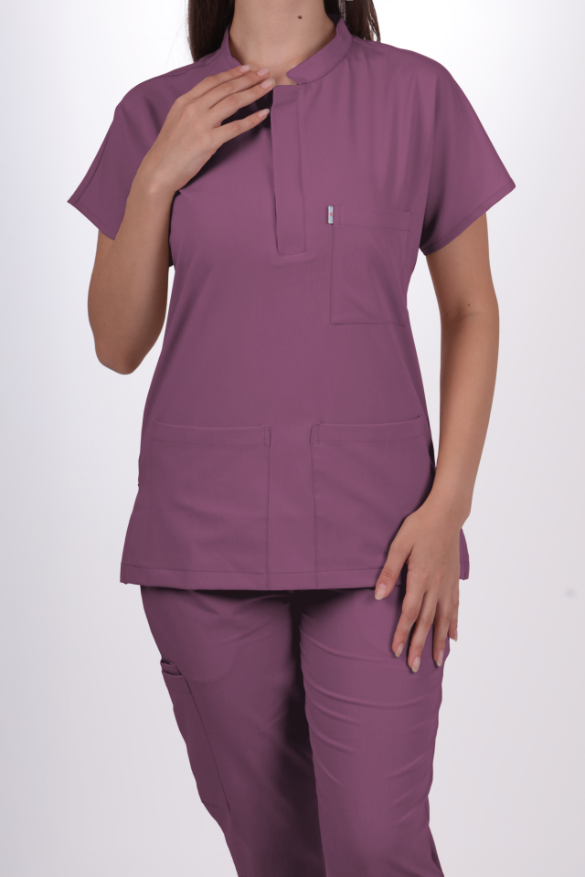 Premium Likralı Snap Seri Kadın Açık Mürdüm Scrubs