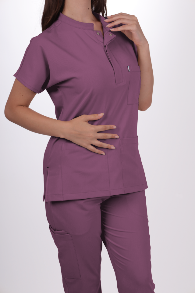 Premium Likralı Snap Seri Kadın Açık Mürdüm Scrubs