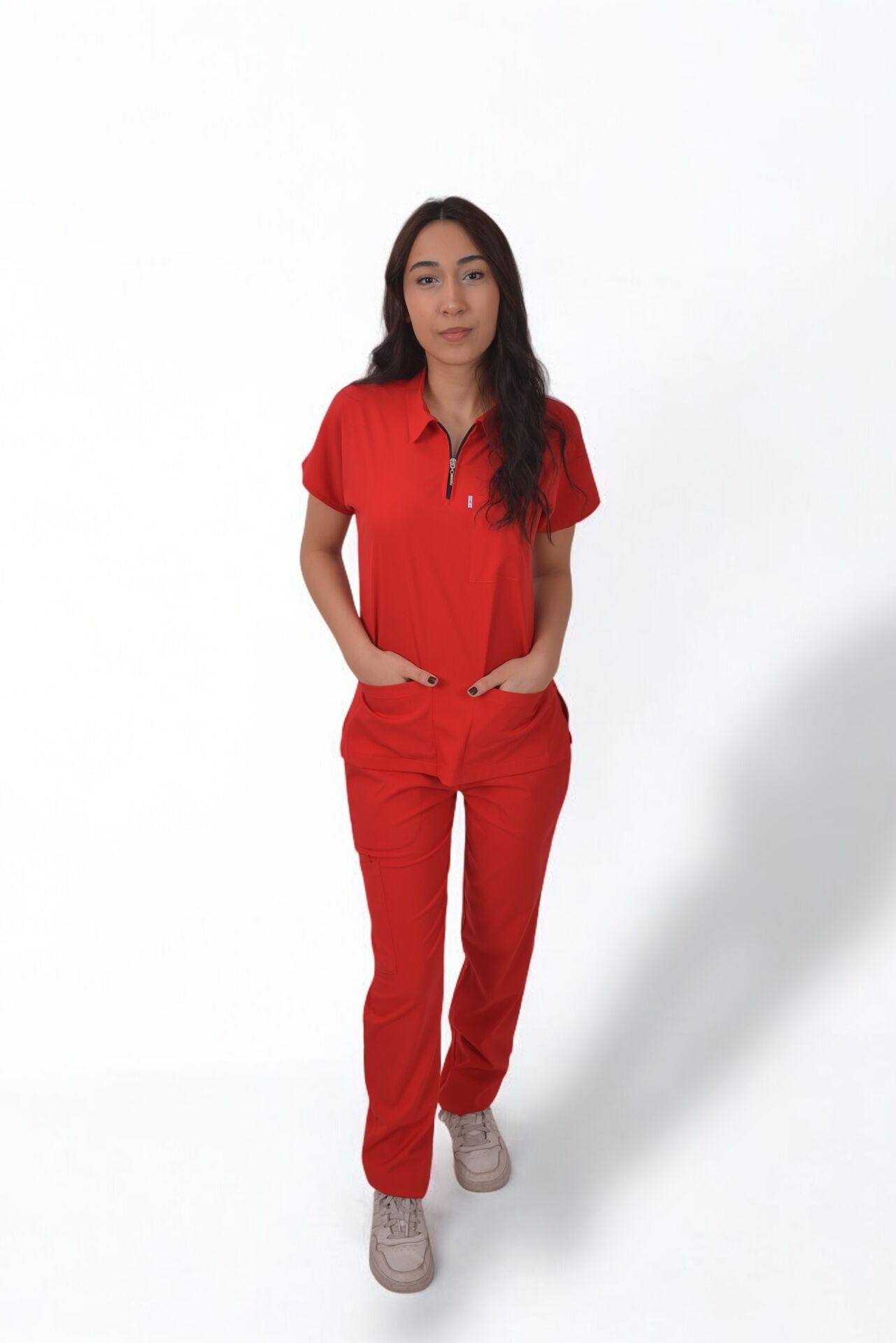 Likralı Zipper Seri Kadın Kırmızı Scrubs