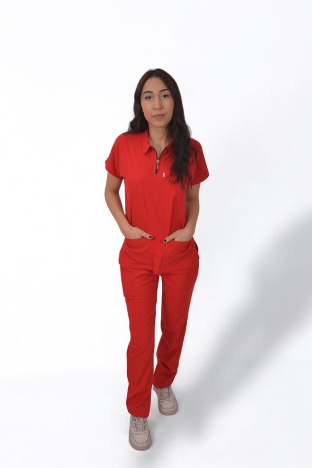 Likralı Zipper Seri Kadın Kırmızı Scrubs