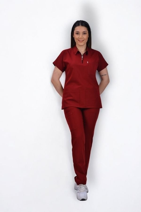 Premium Likralı Zipper Seri Kadın Bordo Scrubs