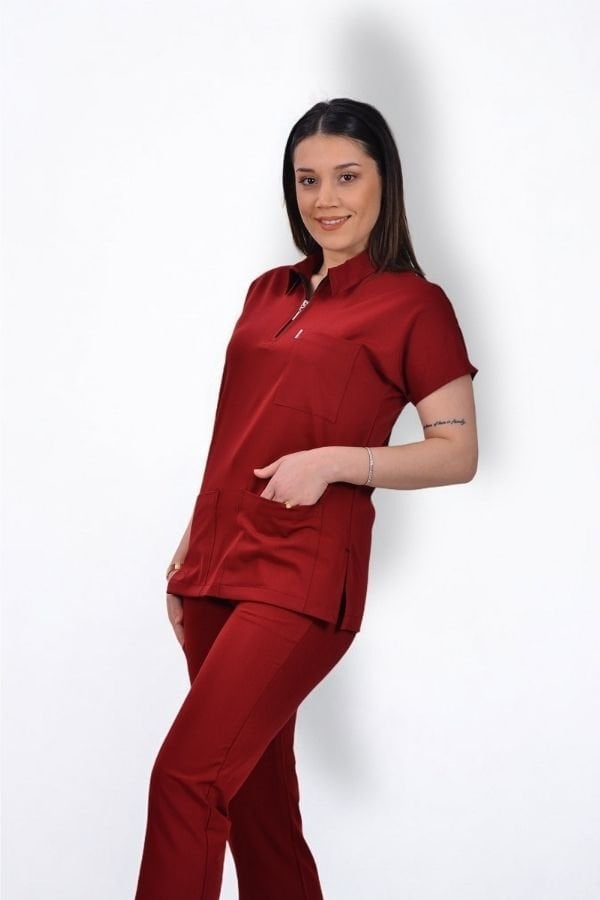 Premium Likralı Zipper Seri Kadın Bordo Scrubs