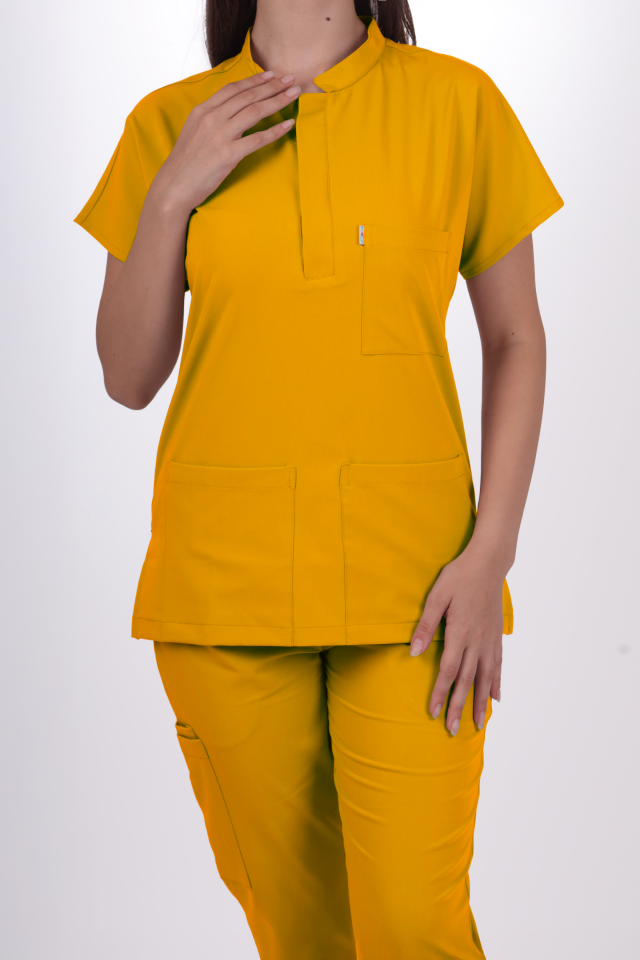 Premium Likralı Snap Seri Kadın Hardal Sarısı Scrubs