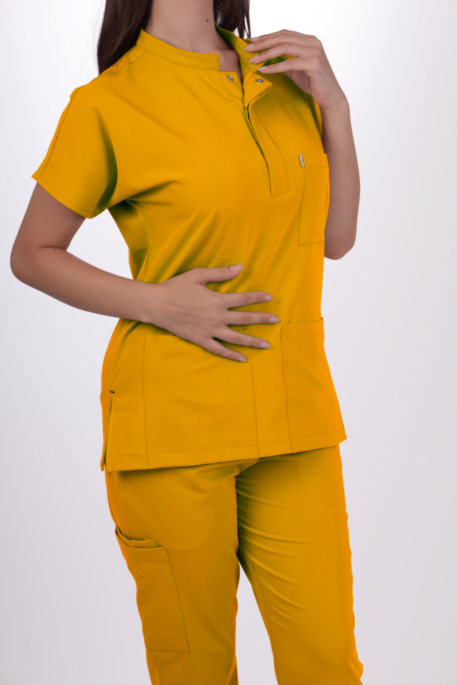 Premium Likralı Snap Seri Kadın Hardal Sarısı Scrubs