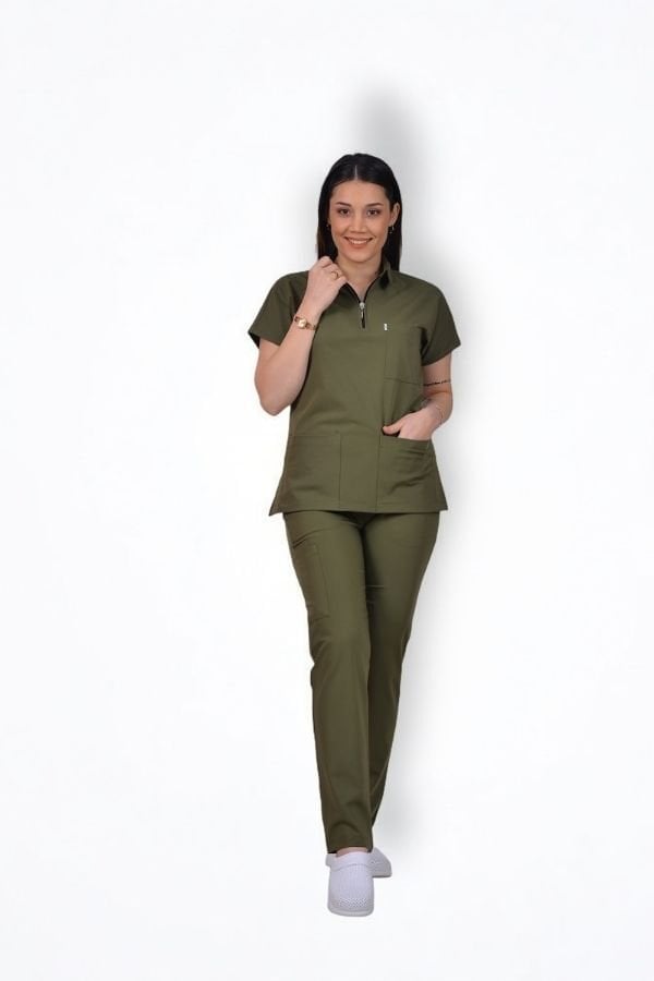 Premium Likralı Zipper Seri Kadın Haki Scrubs