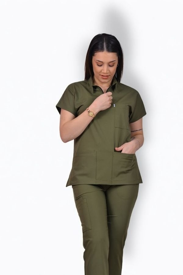 Premium Likralı Zipper Seri Kadın Haki Scrubs