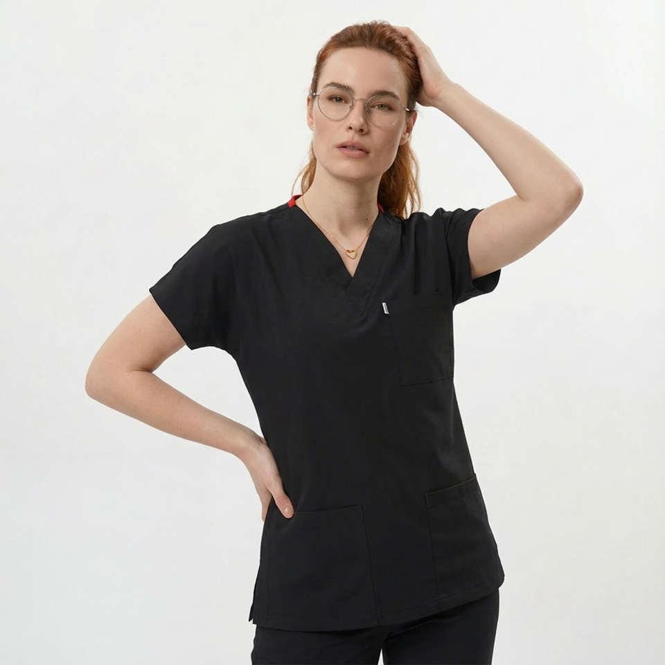 Likralı Klasik Seri Kadın Siyah Scrubs