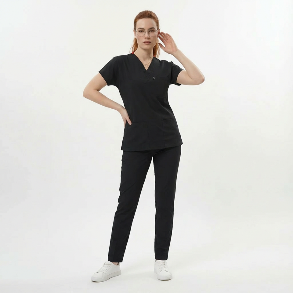 Likralı Klasik Seri Kadın Siyah Scrubs