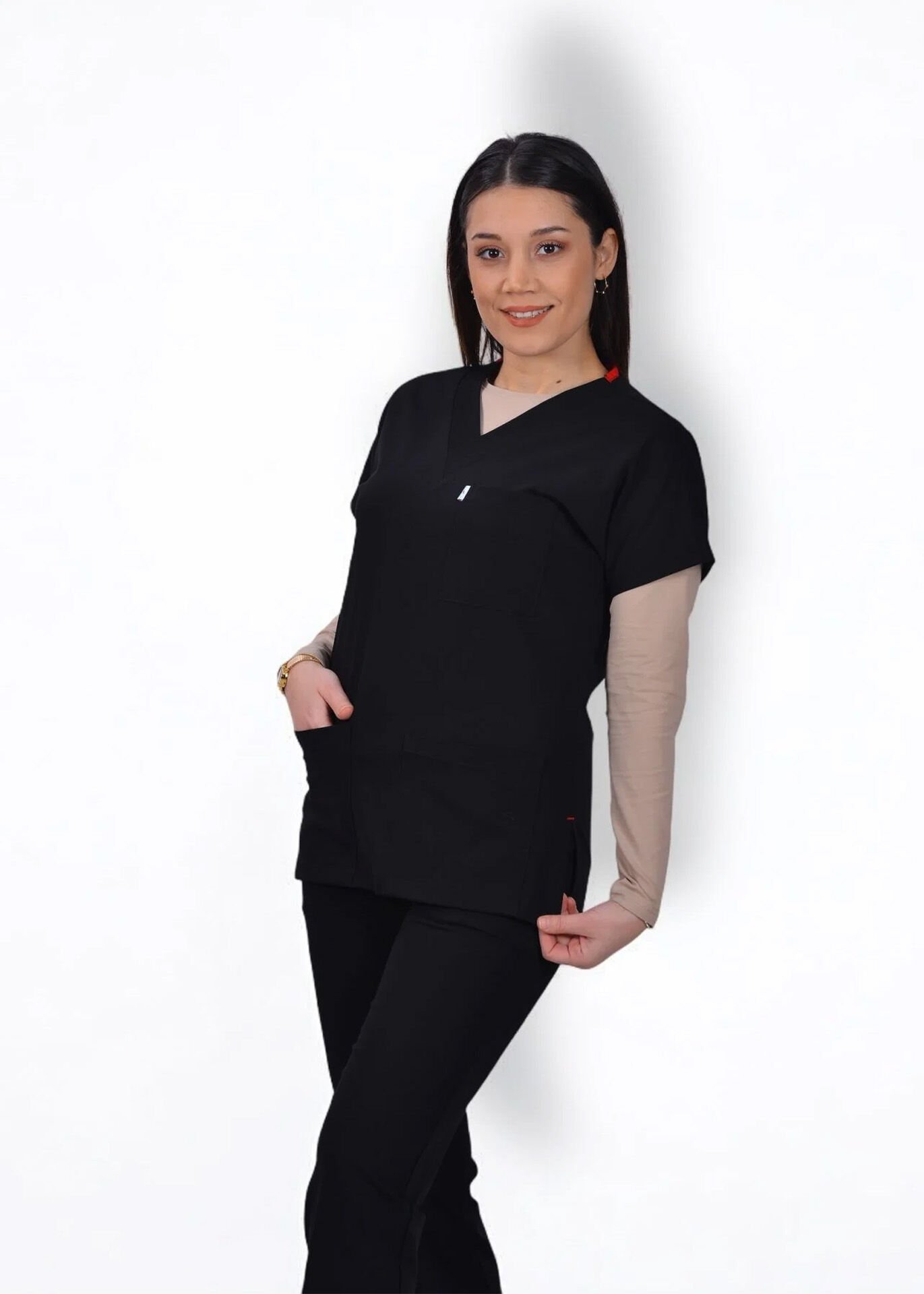 Likralı Klasik Seri Kadın Siyah Scrubs