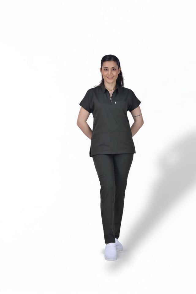 Premium Likralı Zipper Seri Kadın Koyu Haki Scrubs