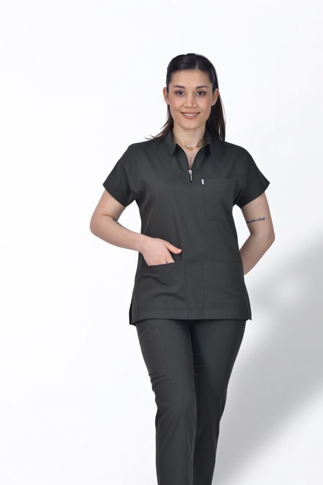 Premium Likralı Zipper Seri Kadın Koyu Haki Scrubs