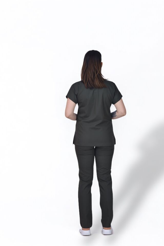 Premium Likralı Zipper Seri Kadın Koyu Haki Scrubs