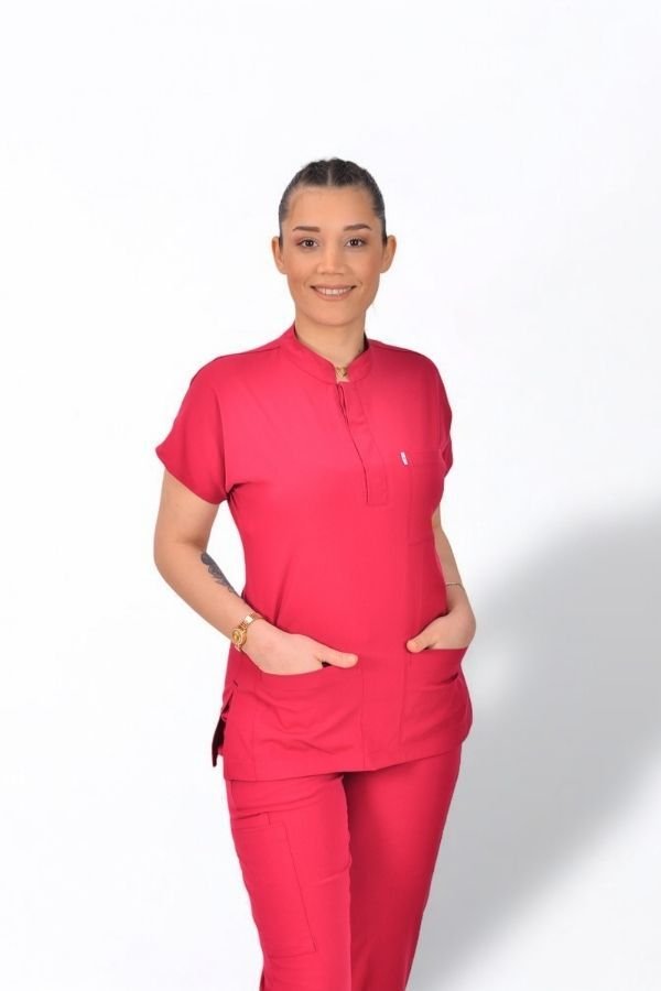 Premium Likralı Snap Seri Kadın Fuşya Scrubs