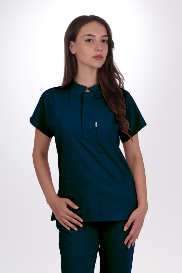 Premium Likralı Snap Seri Kadın Havacı Mavi Scrubs