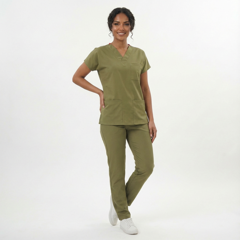 Likralı Klasik Seri Kadın Haki Scrubs