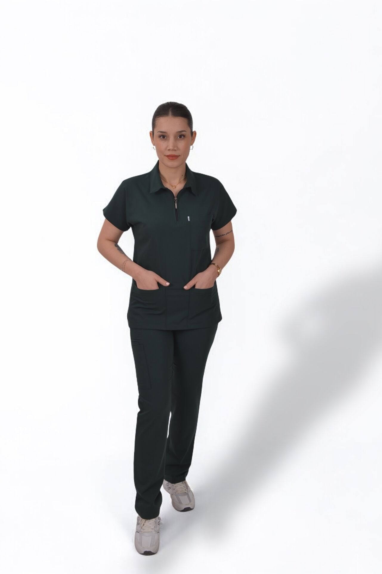 Premium Likralı Zipper Seri Kadın Avcı Yeşili Scrubs